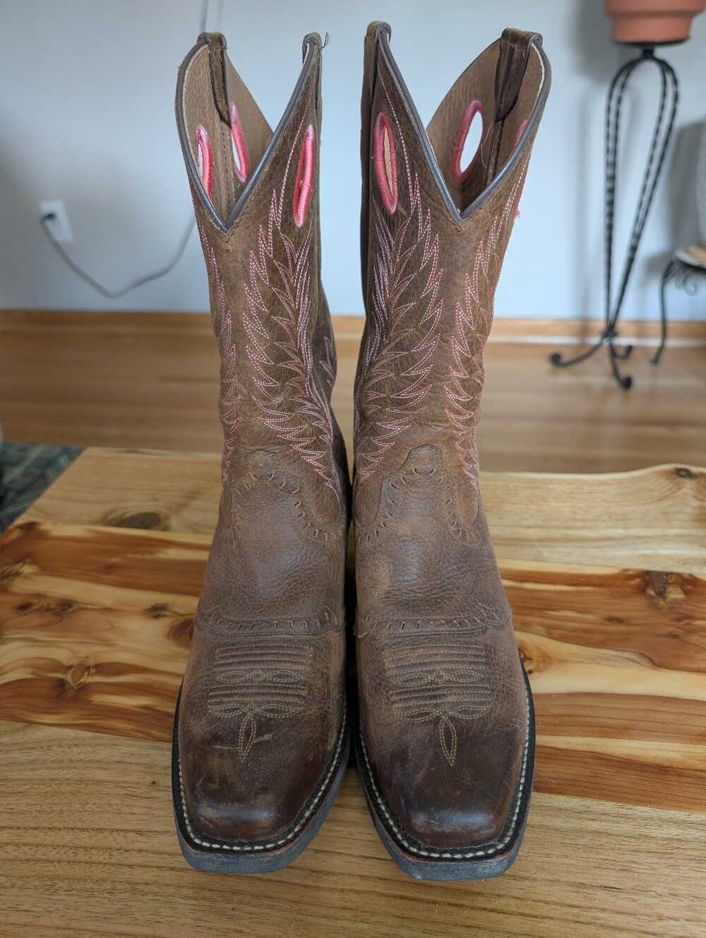 Ariat Brown Leather Western Heeled Boots with Pink Stitching - Picture 2 of 12